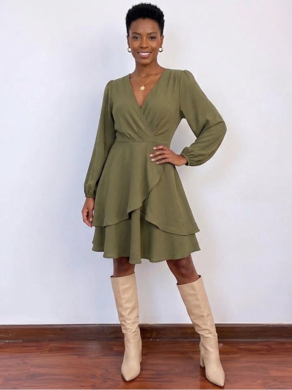 Elegant Olive Green Wrap Midi Dress with Ruffle Hem